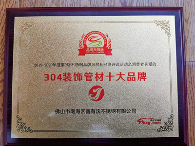 热烈祝贺喜有沃不锈钢荣获2019年度304不锈钢管十大品牌